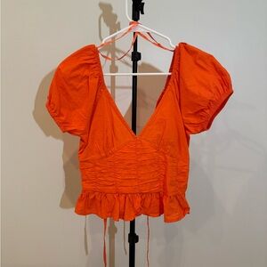 Bright Orange Puff-Sleeve Ruched Peplum Blouse